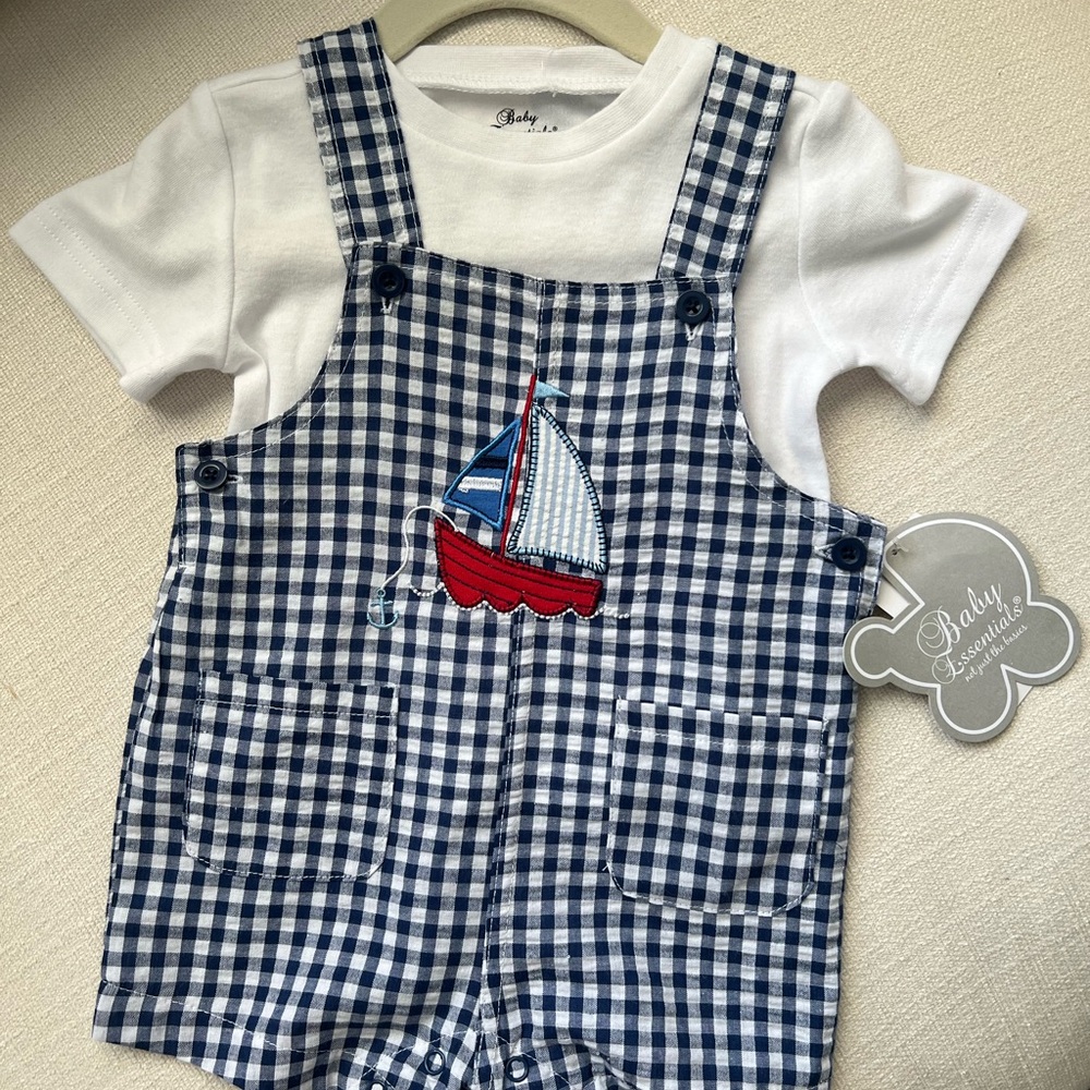 NWT Baby Blue Gingham Overalls with Sailboat